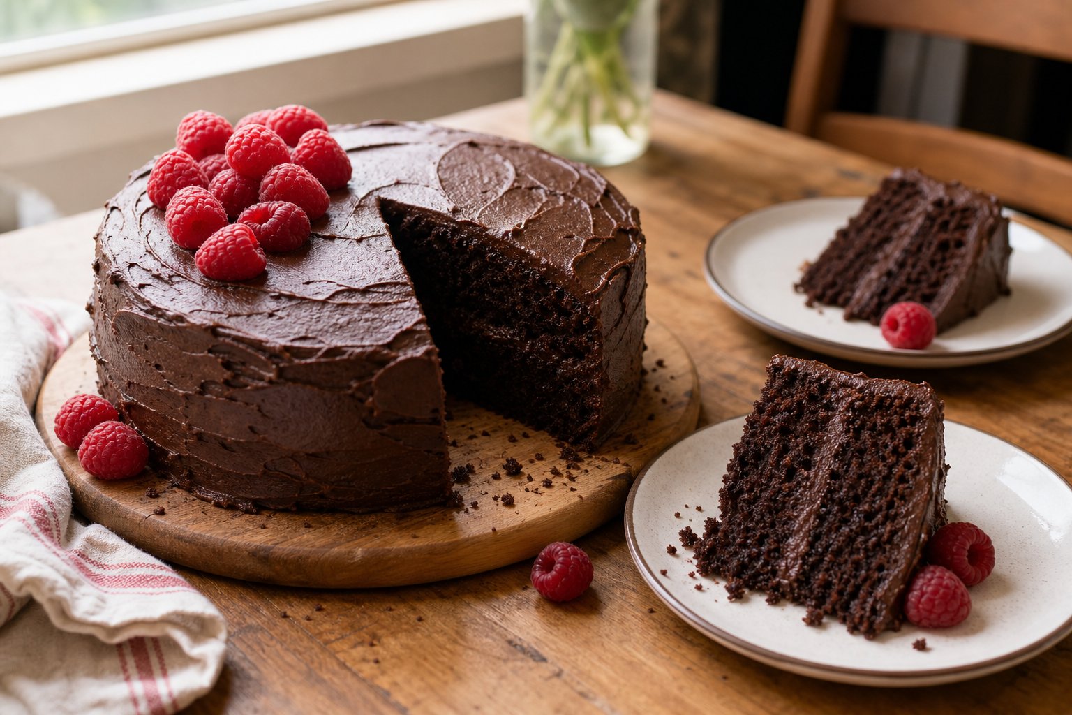 Homemade chocolate cake with raspberries