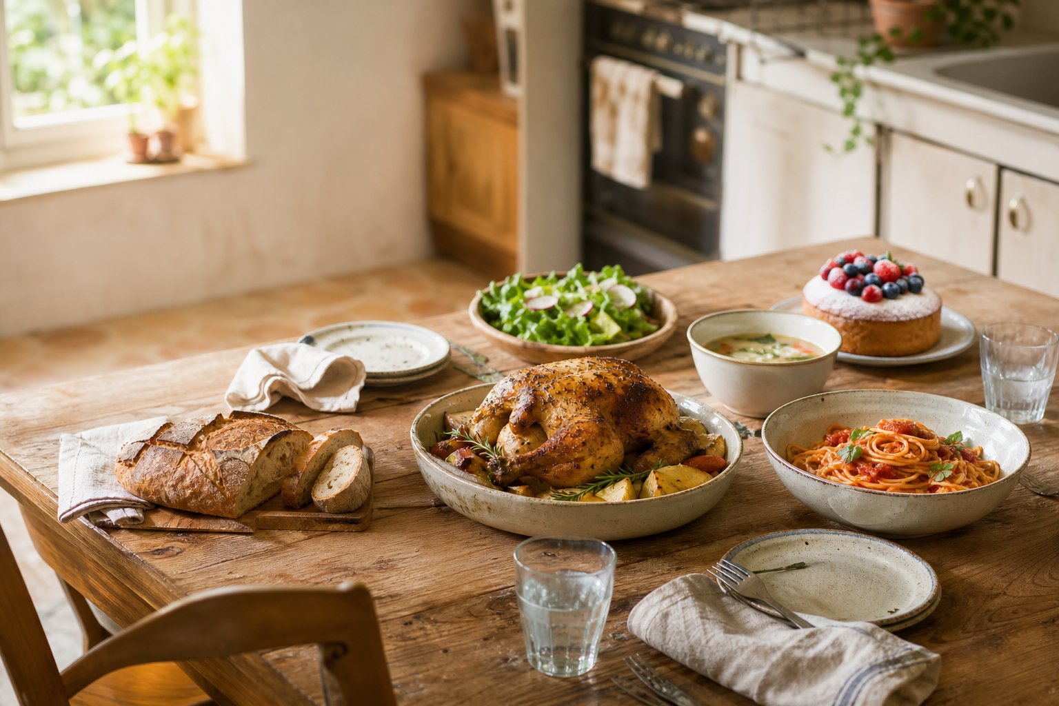 A table filled with simple homemade dishes